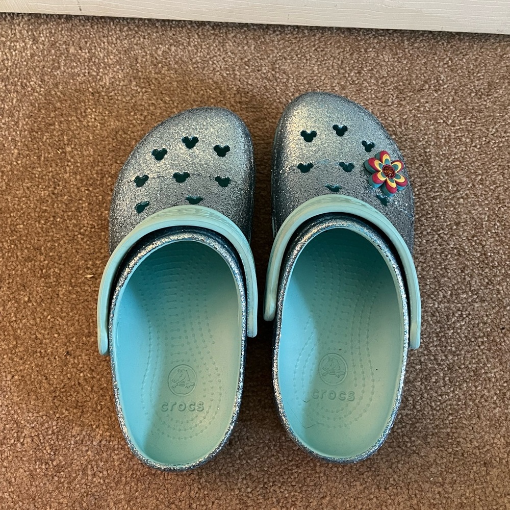 Light blue sparkly Disney crocks